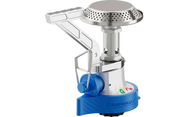Tragbarer Campingkocher aus Metall mit blauem Sockel und Windschutz