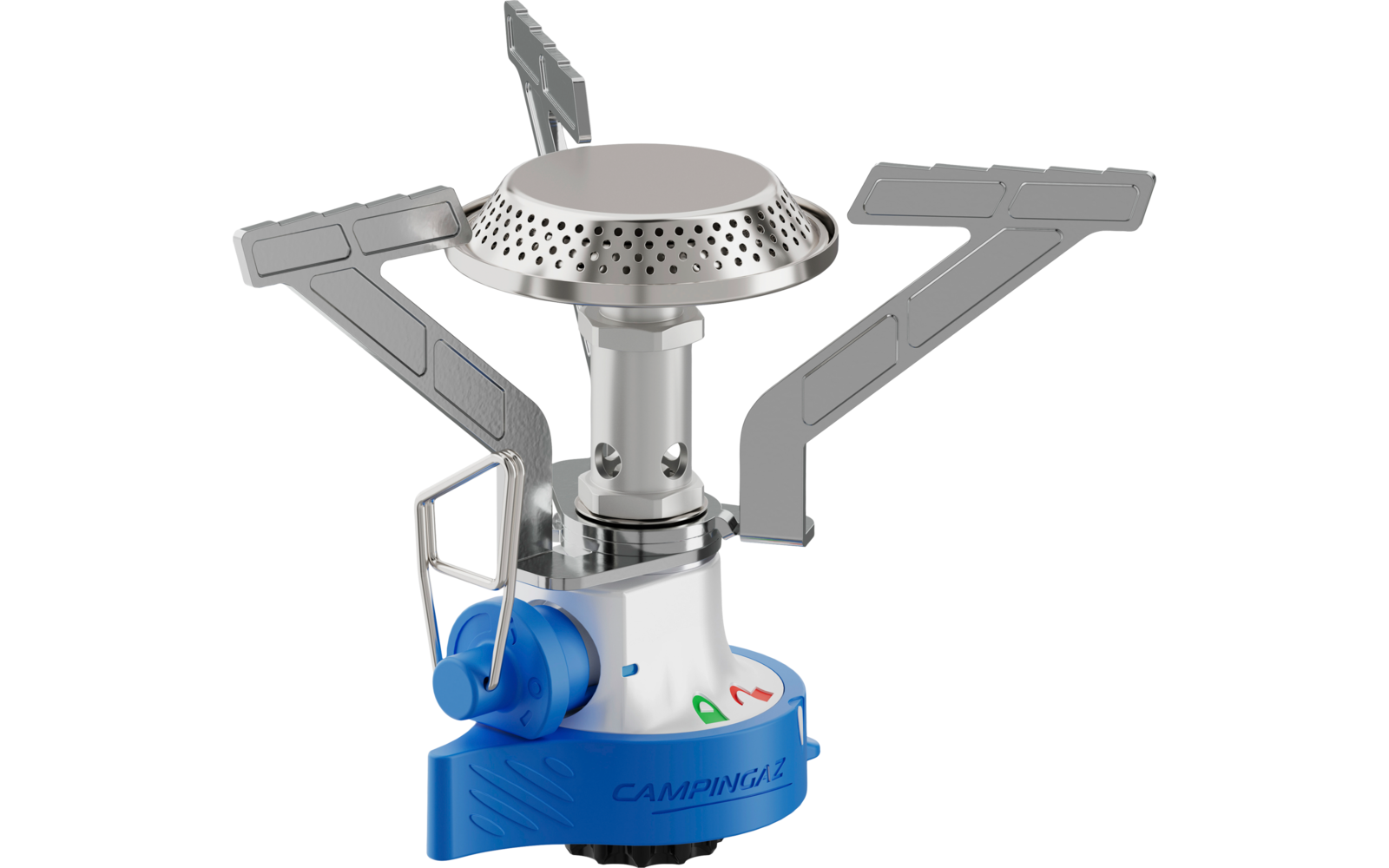 Kleiner Camping-Gaskocher mit blauer Gasflasche und drei ausklappbaren Topfhaltern