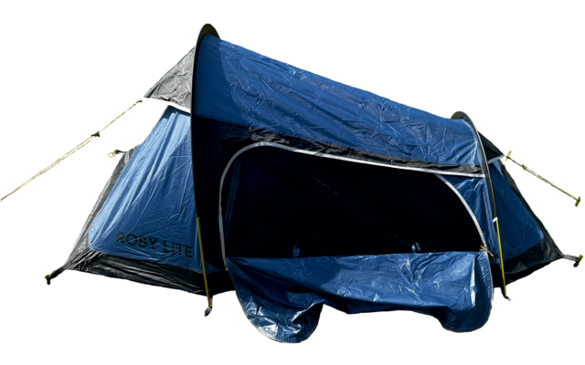 Blue tunnel tent with open front flap, visible tent poles and guy lines, isolated on white background