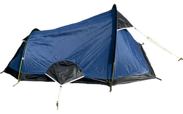 Tente bleue avec ouverture fermée, cordes de hauban et piquets sur fond blanc