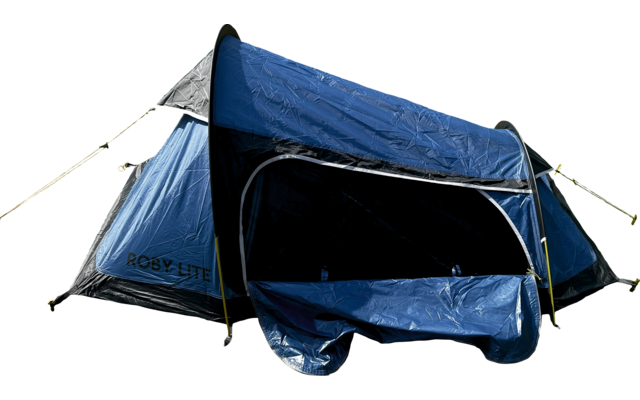 Tente tunnel bleue avec rabat d'entrée ouvert, arceaux et haubans visibles, isolée sur fond blanc