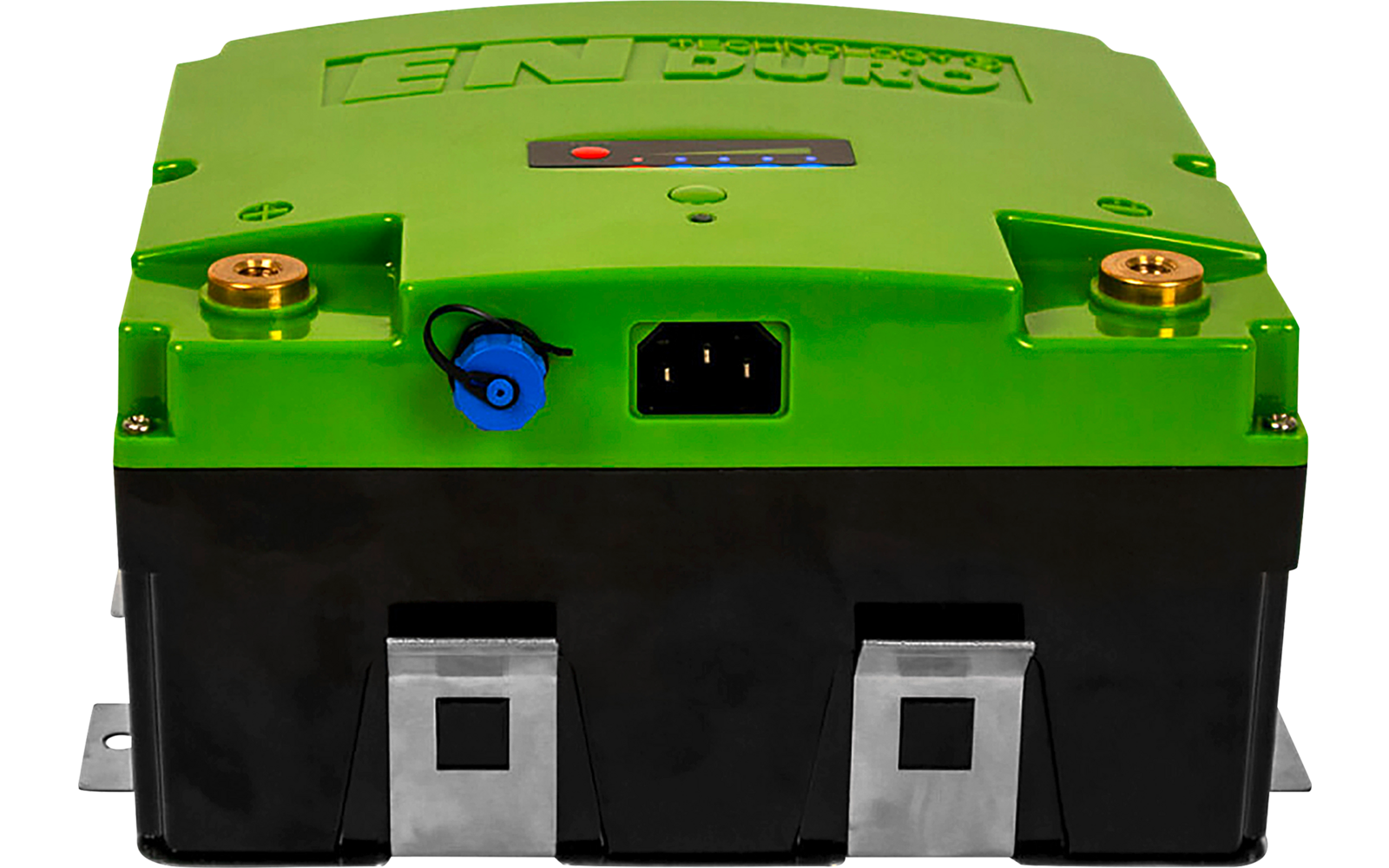 Grünes Gerät mit schwarzem Sockel, zwei Messingschrauben oben, blaue runde Buchse links, rechteckige Netzsteckerbuchse in der Mitte und drei silberne Metallanschlusslaschen unten