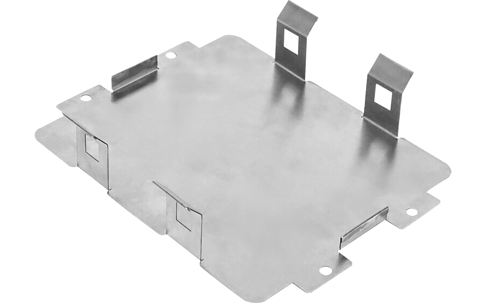 Flache rechteckige Metallplatte mit vier kleinen Bohrlöchern an den Ecken, ausgeschnittenen Kanten und zwei aufrechten Laschen, matte silberne Oberfläche