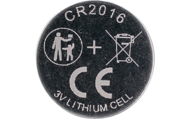 Ronde zilveren knoopcel met 'CR2016' bovenaan, pictogram van volwassene en kind in een cirkel, plusteken, doorstreepte vuilnisbak, groot 'CE' en '3V LITHIUM CELL' onderaan