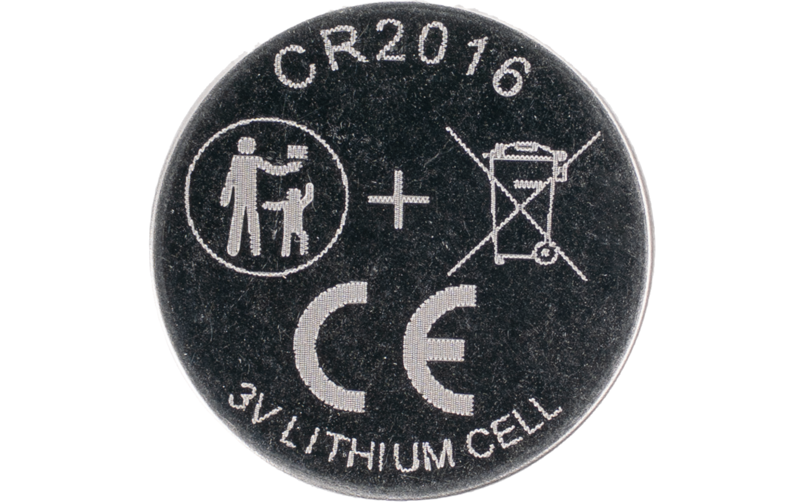 Ronde zilveren knoopcel met 'CR2016' bovenaan, pictogram van volwassene en kind in een cirkel, plusteken, doorstreepte vuilnisbak, groot 'CE' en '3V LITHIUM CELL' onderaan