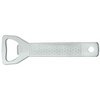 Metal bottle opener with flat handle, textured grip surface and round hole at the handle end
