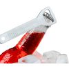 Red glass bottle with condensation, bottle opener on the cap, ice cubes around the bottle
