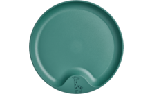 Assiette ronde verte avec deux creux sur le bord