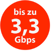 Roter Kreis mit weißer Aufschrift 'bis zu 3,3 Gbps'