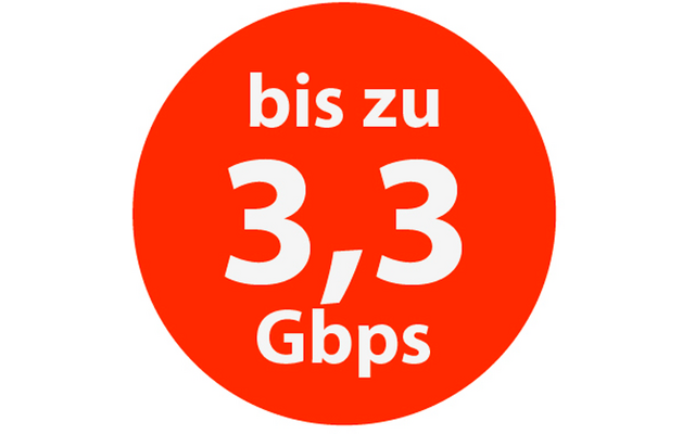 Roter Kreis mit weißer Aufschrift 'bis zu 3,3 Gbps'