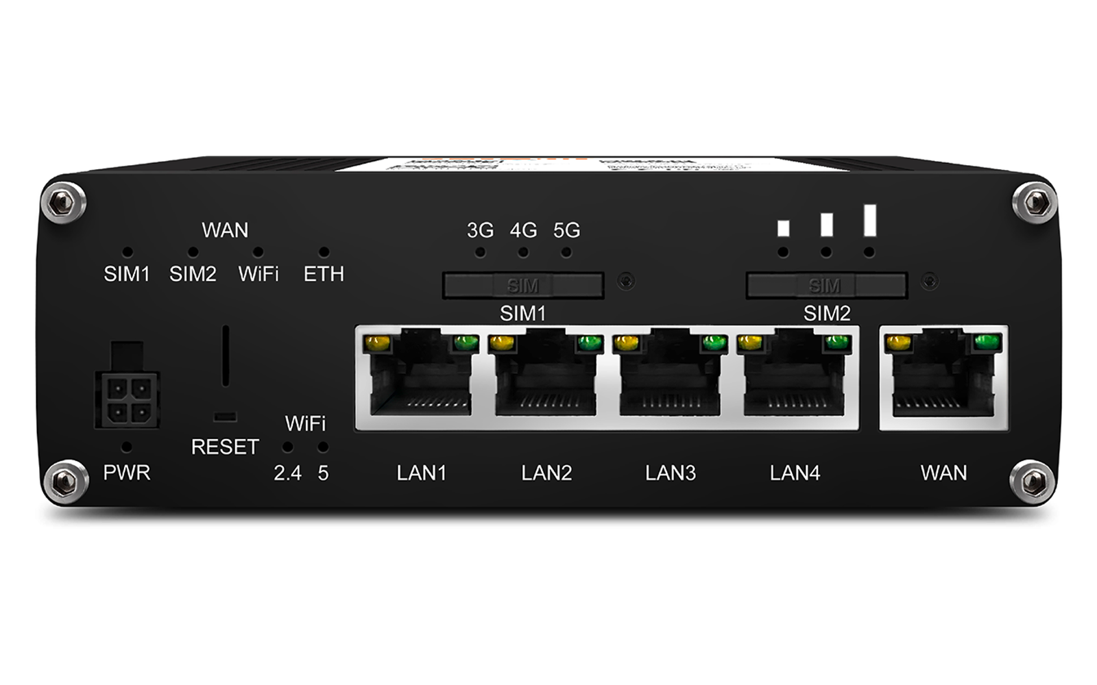 Schwarzes Gehäuse mit Anschlussfeld: links Strombuchse mit Beschriftung 'PWR', Reset-Taste, Beschriftung 'WiFi' und Schalter '2.4 5'; in der Mitte zwei SIM‑Slots 'SIM1' und 'SIM2' sowie vier LAN‑RJ45‑Buchsen 'LAN1'–'LAN4' mit LED‑Anzeigen; rechts ein