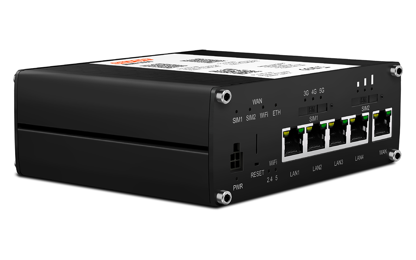 Schwarzes rechteckiges Metallgehäuse mit vier Ethernet-Ports (LAN1–LAN4), Status-LEDs, weiteren Anschlussöffnungen, Schrauben an den Ecken und Aufkleber mit Text oben