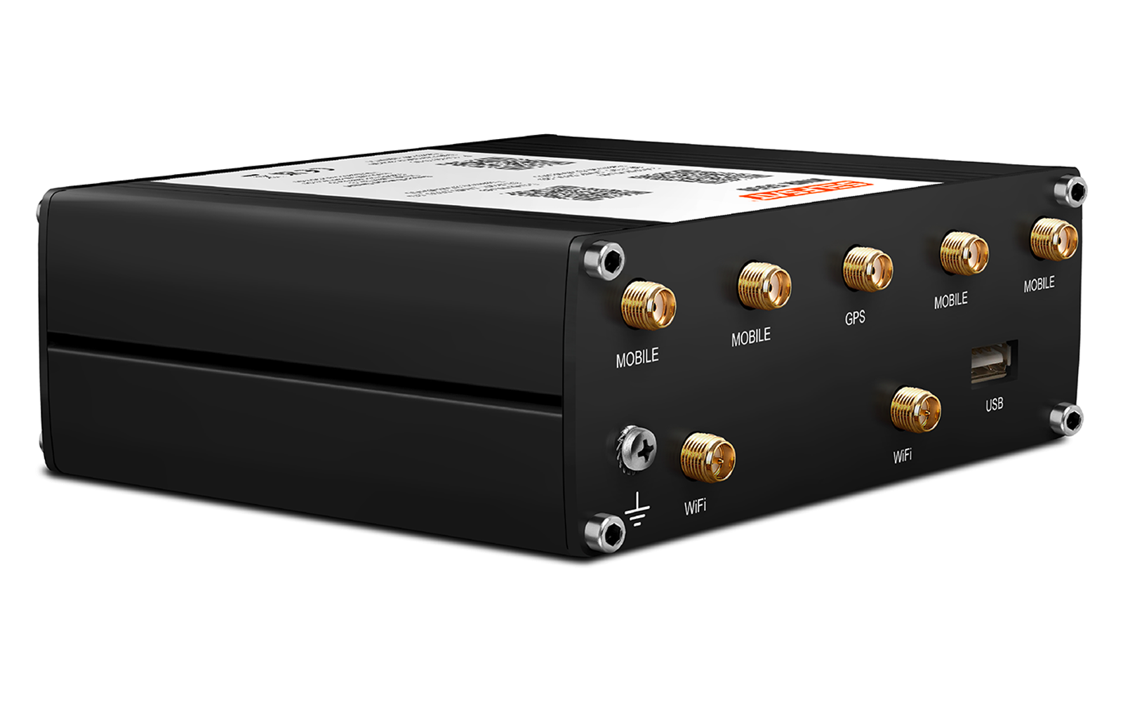 Schwarzes rechteckiges Metallgehäuse mit mehreren goldfarbenen runden Anschlussbuchsen, einem rechteckigen USB-Anschluss, silbernen Schrauben an den Ecken, weißen Beschriftungen ('MOBILE', 'GPS', 'WIFI') und einem weißen Aufkleber mit QR-Code auf der