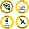 Vier gelbe runde Abzeichen mit schwarzen Piktogrammen und deutschem Text: oben links WLAN‑Symbol mit Vorhängeschloss und Text 'FÜR WLAN MIT ANMELDSEITE CAPTIVE PORTAL', oben rechts Wohnmobil‑Symbol und Text 'GPS ORTUNG', unten links Vorhängeschloss m