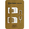 Brauner Karton mit 'TELTONIKA Networks'-Logo, zwei weiße Nano-SIM-Adapter und ein metallischer SIM-Auswerfer; Text 'SIM KIT PR5MEC19'