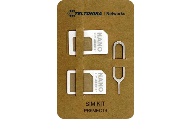 Brauner Karton mit 'TELTONIKA Networks'-Logo, zwei weiße Nano-SIM-Adapter und ein metallischer SIM-Auswerfer; Text 'SIM KIT PR5MEC19'