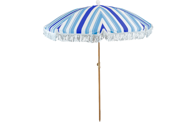 Blau-weiß gestreifter Sonnenschirm mit Fransen und Holzstange