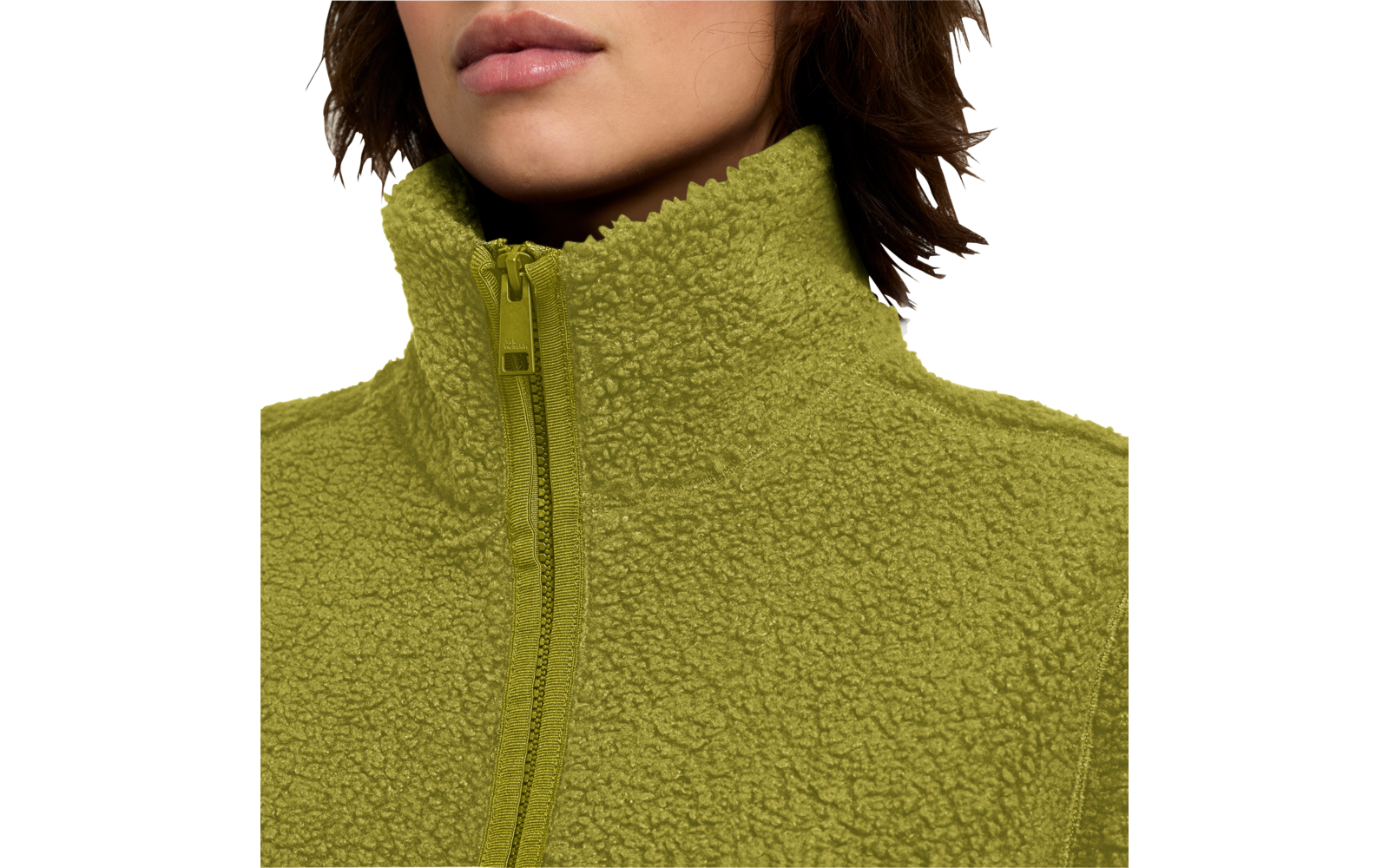 Close-up van het ondergezicht (lippen, kin), kort bruin haar, groene sherpa-fleecejas met rits en hoge kraag