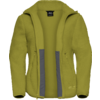 Groen-gele fleecejas met capuchon, rits open, twee grijze binnenzakken, klein logo vooraan rechts