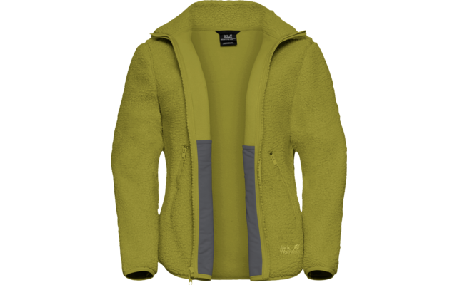 Groen-gele fleecejas met capuchon, rits open, twee grijze binnenzakken, klein logo vooraan rechts
