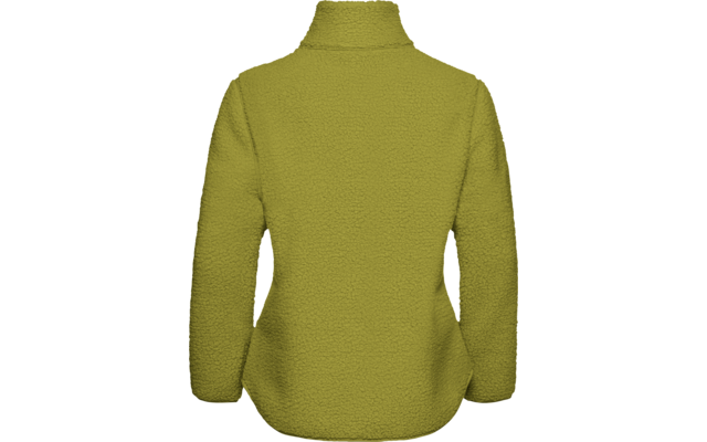 Olivgroene fleecejas, achterkant, opstaande kraag, lange mouwen