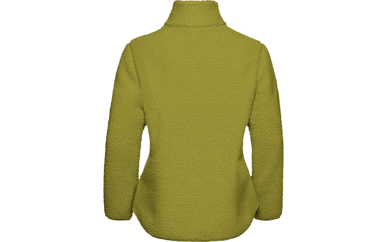 Olivgroene fleecejas, achterkant, opstaande kraag, lange mouwen