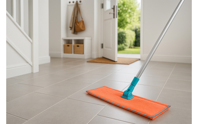 Eingangsbereich mit offener Tür, grauen Bodenfliesen, orangem Flachwischer mit türkisfarbenem Griff im Vordergrund und weißer Garderobe mit Haken, Tasche und zwei Körben