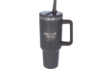 Gray travel mug with handle, lid and protruding drinking straw, white logo reading 'camp LIFE' with mountain and cabin motif