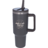 Gray travel mug with handle, lid and protruding drinking straw, white logo reading 'camp LIFE' with mountain and cabin motif