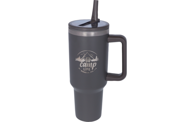 Gray travel mug with handle, lid and protruding drinking straw, white logo reading 'camp LIFE' with mountain and cabin motif