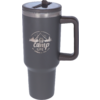 Gray insulated mug with handle and lid, white printed "camp life" logo with mountains, van and trees