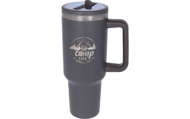 Gray insulated mug with handle and lid, white printed "camp life" logo with mountains, van and trees