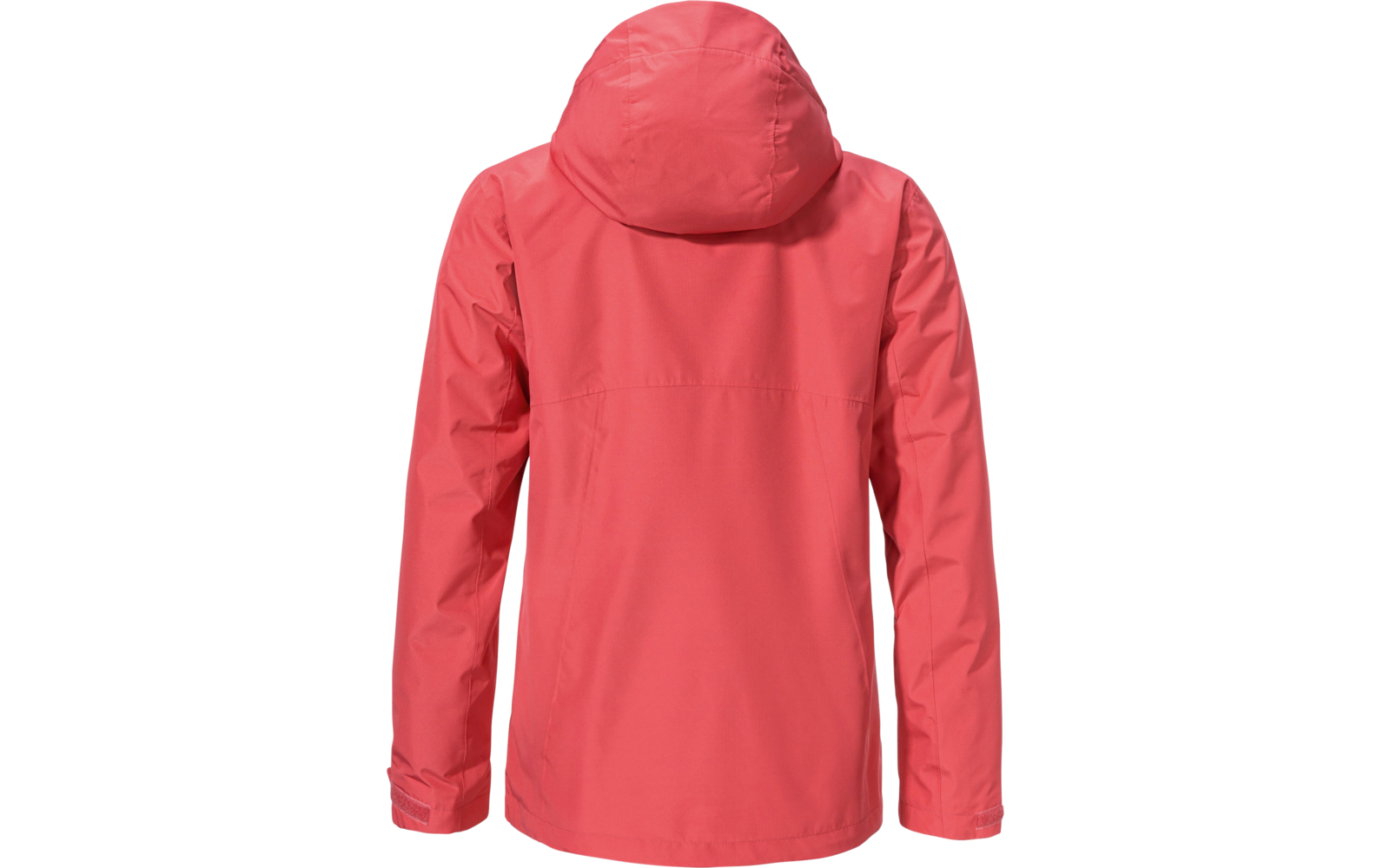 Rückansicht einer roten Jacke mit Kapuze