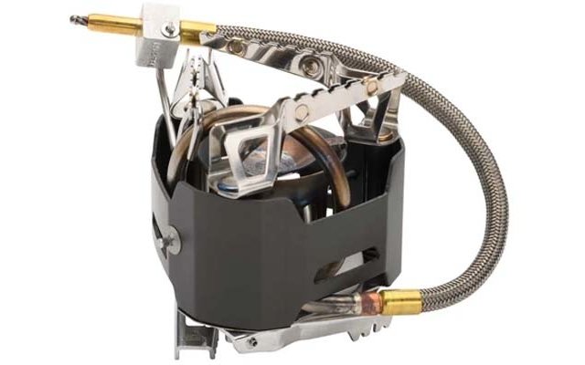 Metallgerät mit rundem Metallelement in der Mitte, schwarzer quadratischer Ummantelung, klappbaren Metallarmen und -beinen sowie geflochtener Schlauchleitung mit Messinganschlüssen