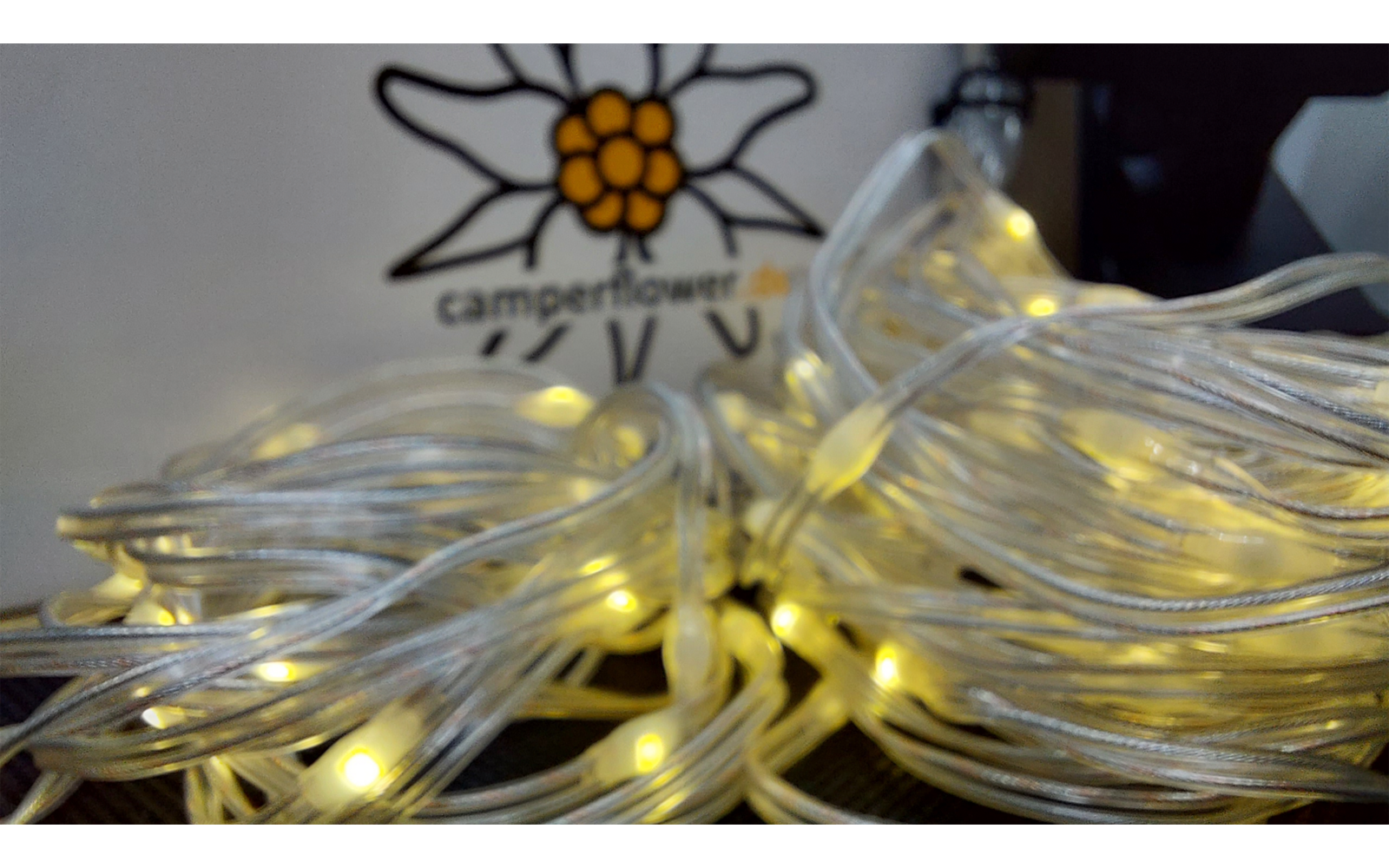 Lichterkette mit kleinen, warmweißen LED-Lampen vor unscharfem Hintergrund