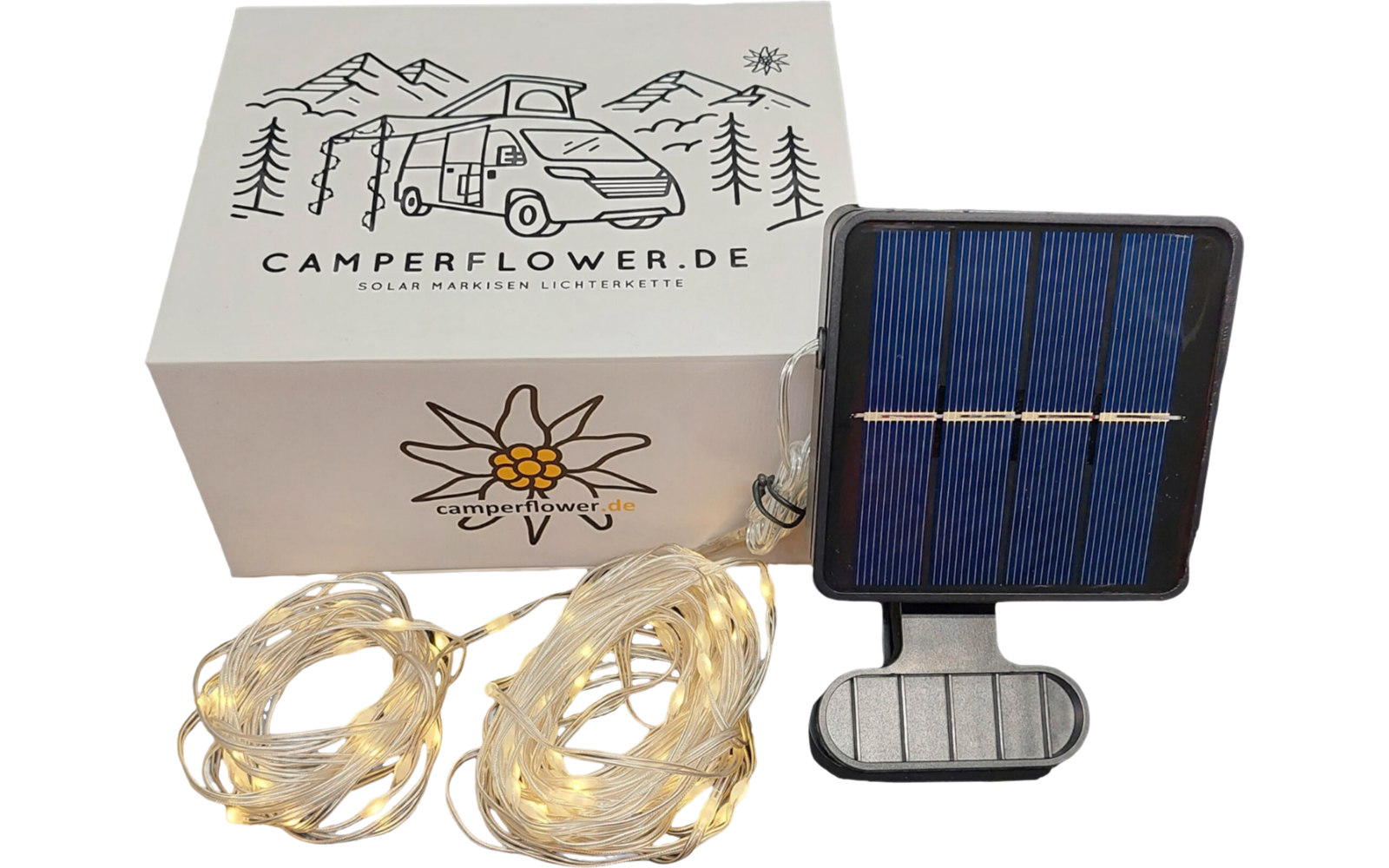 Zwei Solarlampen mit Erdspieß, eine Verpackungskarton und ein separates Solarpanel mit Kabel