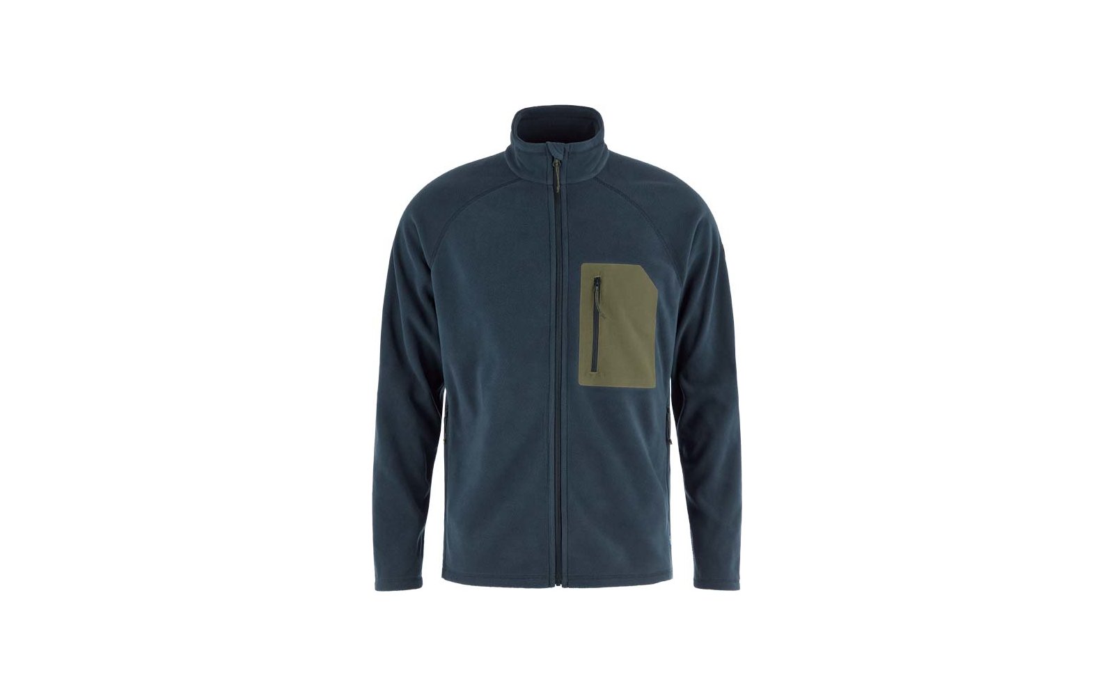 Dunkelblaue Fleecejacke mit Stehkragen, durchgehendem Reißverschluss und olivgrüner Brusttasche mit vertikalem Reißverschluss, auf weißem Hintergrund