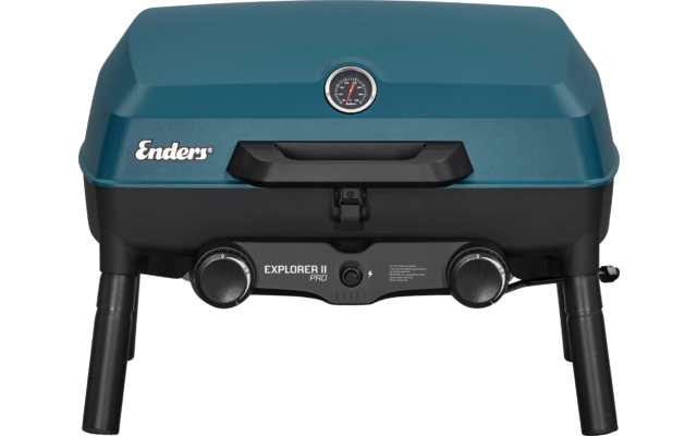 Blue portable grill with closed lid, round thermometer on top, handle, two control knobs at front and short legs