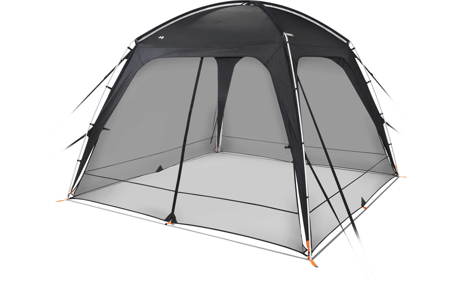 Tente en dôme grise avec parois en filet transparent, entrée centrale ouverte, arceaux noirs et points d'ancrage orange