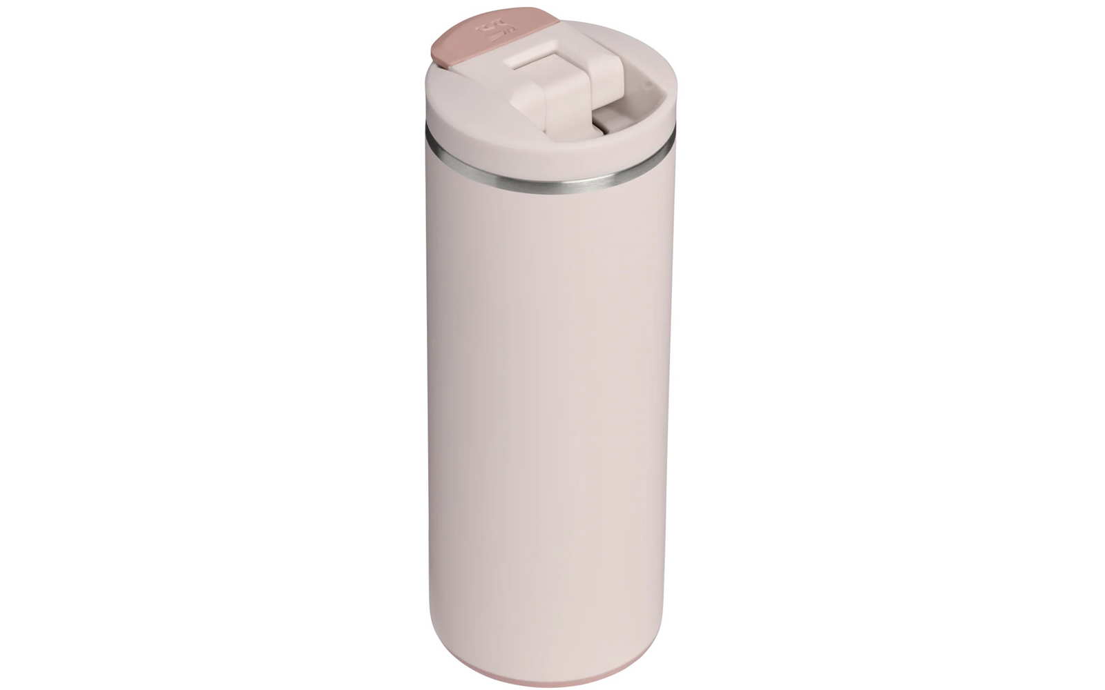 Zylindrische hellrosa Trinkflasche mit klappbarem Deckel, rosa Druckknopf und silbernem Metallring am oberen Rand