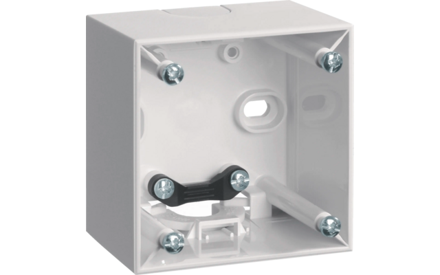 Weiße quadratische Elektroinstallationsdose aus Kunststoff mit vier Schrauben und einem schwarzen Halter