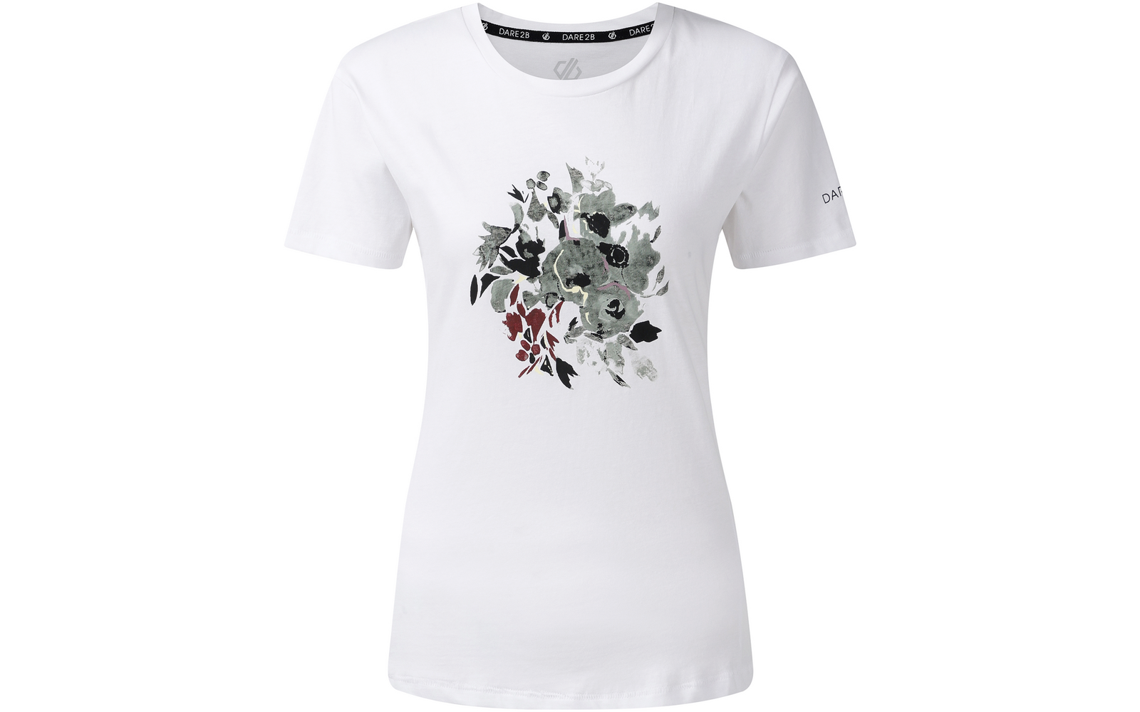 Weißes T‑Shirt mit Rundhalsausschnitt und mittigem Blumenmotiv in Grün, Grau, Schwarz und roten Akzenten