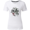 Weißes T‑Shirt mit Rundhalsausschnitt und mittigem Blumenmotiv in Grün, Grau, Schwarz und roten Akzenten