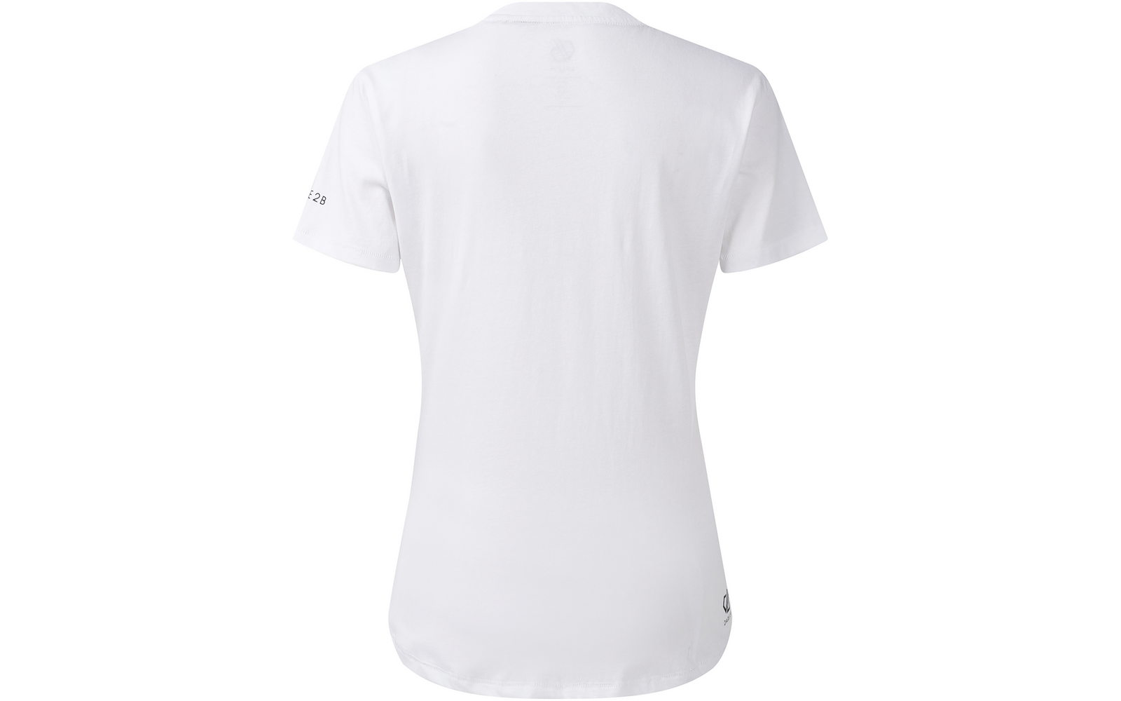 Rückansicht eines weißen T-Shirts mit kurzen Ärmeln, sichtbarem Ausschnitt, kleiner Aufdruck auf dem linken Ärmel und rundes Logo am unteren rechten Saum