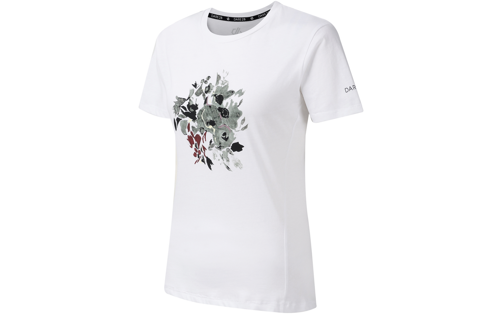 Weißes T‑Shirt mit kurzen Ärmeln und Rundhalsausschnitt, Blumenprint in grünen und roten Tönen auf der linken Vorderseite, kleiner Schriftzug auf dem linken Ärmel