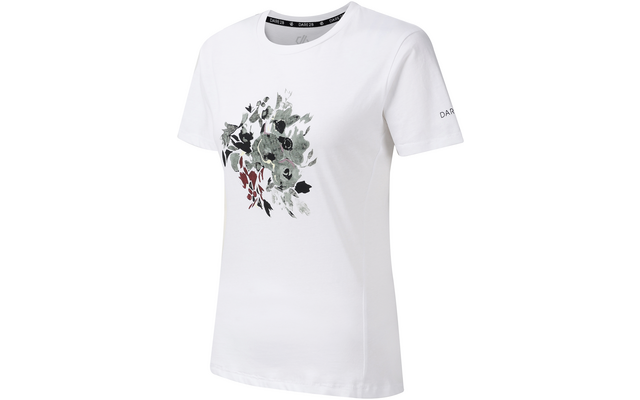 Weißes T‑Shirt mit kurzen Ärmeln und Rundhalsausschnitt, Blumenprint in grünen und roten Tönen auf der linken Vorderseite, kleiner Schriftzug auf dem linken Ärmel