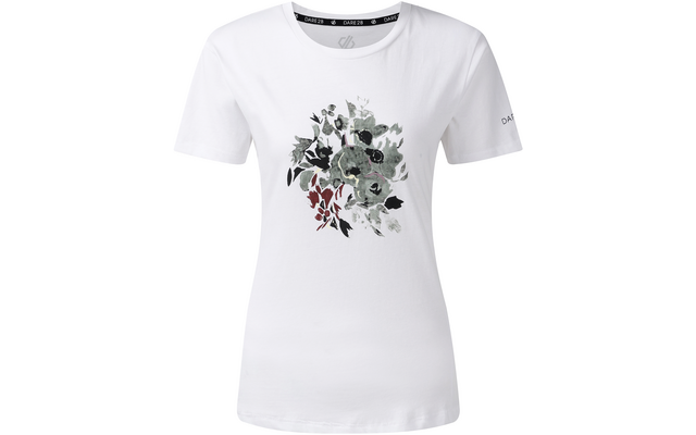 Weißes T‑Shirt mit Rundhalsausschnitt und mittigem Blumenmotiv in Grün, Grau, Schwarz und roten Akzenten