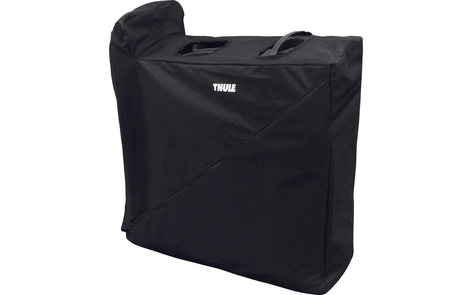 Schwarze, rechteckige Tasche mit weißem 'THULE'-Logo, zwei Tragegriffe oben und diagonale Naht vorn