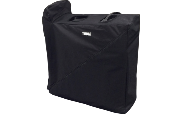 Schwarze, rechteckige Tasche mit weißem 'THULE'-Logo, zwei Tragegriffe oben und diagonale Naht vorn