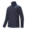 Pull bleu foncé à manches longues, col montant et demi-fermeture éclair, motif quadrillé texturé, petit logo blanc sur la poitrine haute, fond blanc